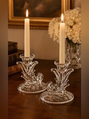 Pristine Vintage Fostoria Baroque Crystal Candlestick Pair Etched Base 3.75”